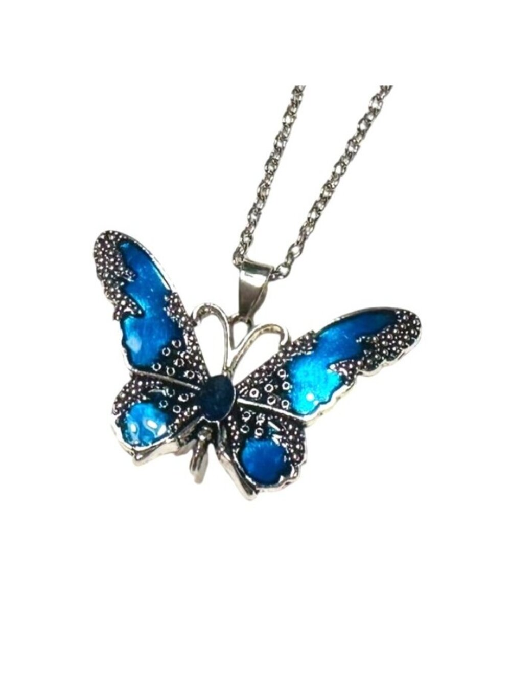 Butterfly Pendant Necklace Electric Blue Enamel Wings & Silver-Tone Chain